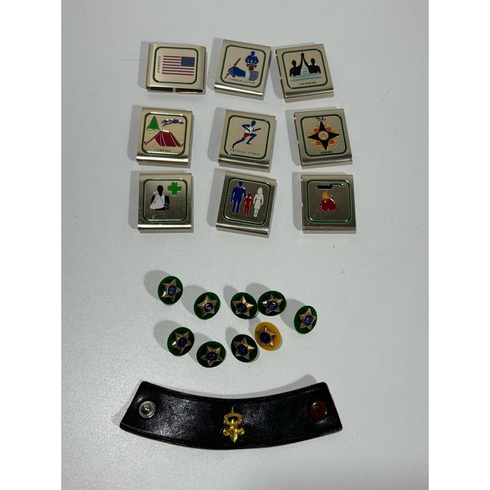 BSA Boy Scouts of America Lot of 9 Metal Skill Belt + Star Service Pins Lot